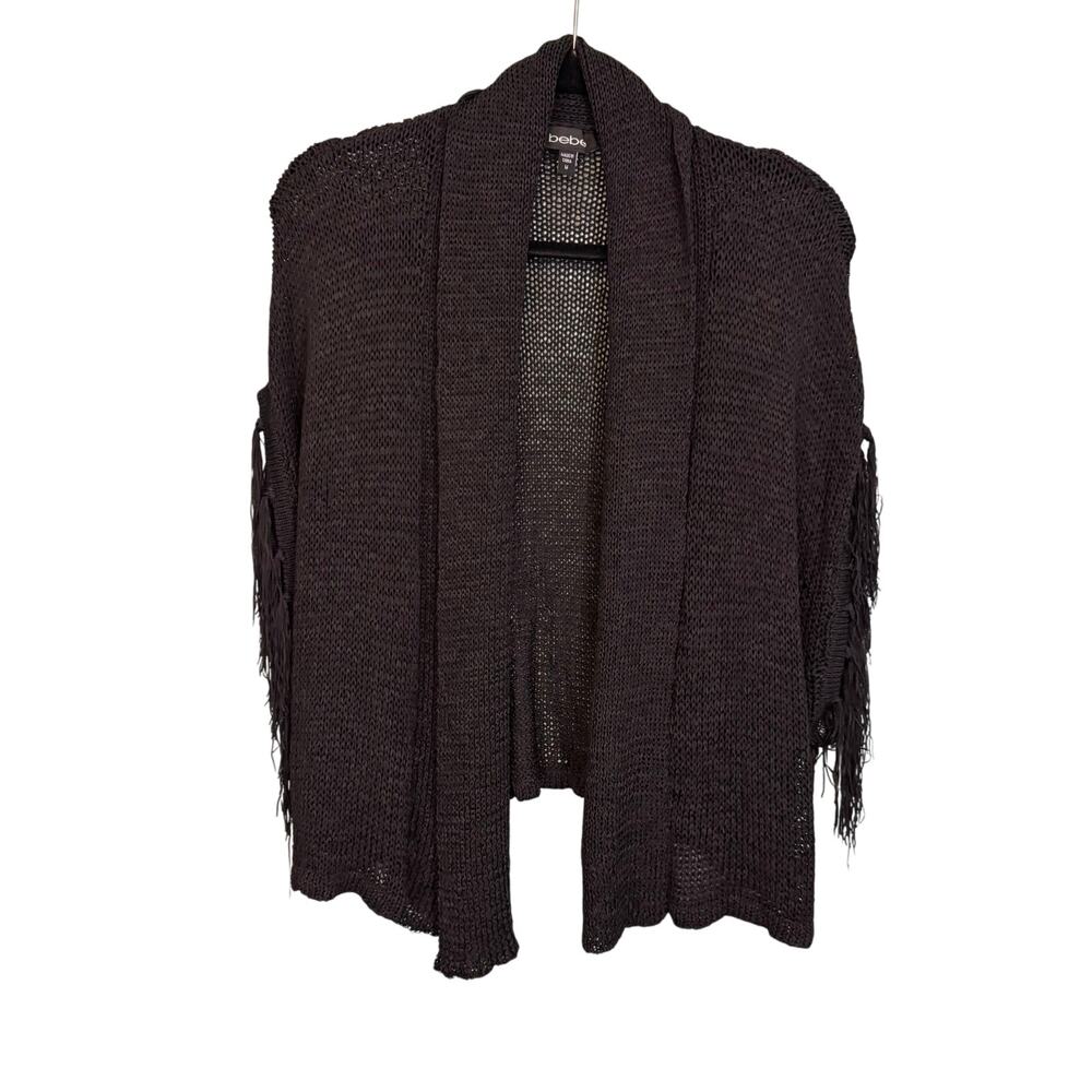 Bebe Poncho Cardigan Women M Black Fringed Shawl Collar Open Knit Sweater Winter